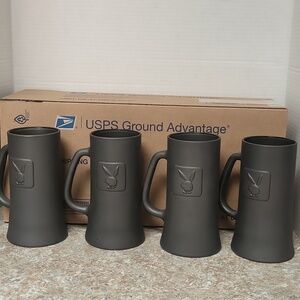 Vintage  Set of Four Charcoal Glass Playboy Bunny Mugs Embossed Logo.